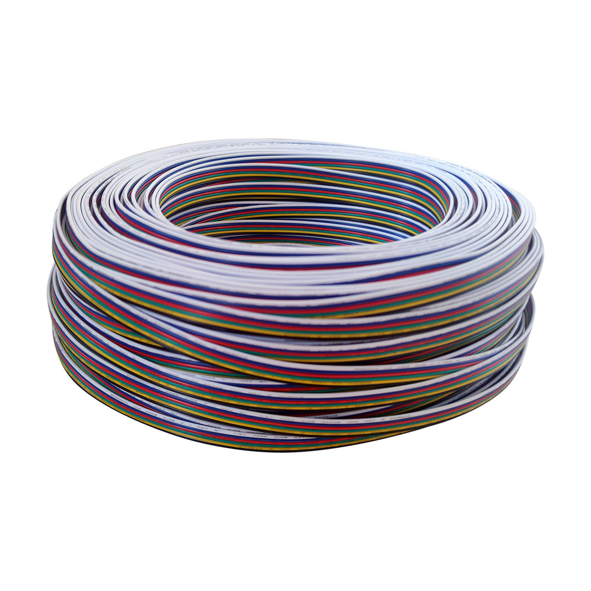 Coiled roll of Cavo 6-core copper LED strip cable with 0.5mm colour-coded conductors in white PVC sheathing, shown on a plain white background.