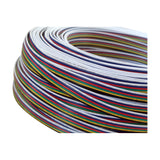 Coiled six-core copper cable with red, green, blue, yellow, black and white PVC-coated conductors for RGB CCT LED strips, shown against a plain white background.