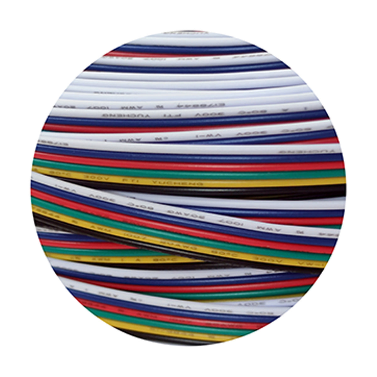 Cavo Copper Cable 6 Core 0.5mm coiled flex for RGB CCT LED strips, showing red, green, blue, white and black insulated wires with printed spec markings.