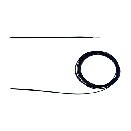 Cavo Cable 1m Long in black, a flat figure-8 PVC lighting cable with two 0.5mm conductors and exposed copper wire ends, shown coiled and straight on a plain white background.