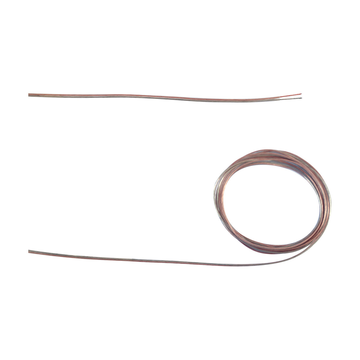 Cavo Figure 8 Copper Cable, a slim clear flat two-core flex, 0.5mm, shown loosely coiled and laid straight on a plain white background for LED strip wiring.