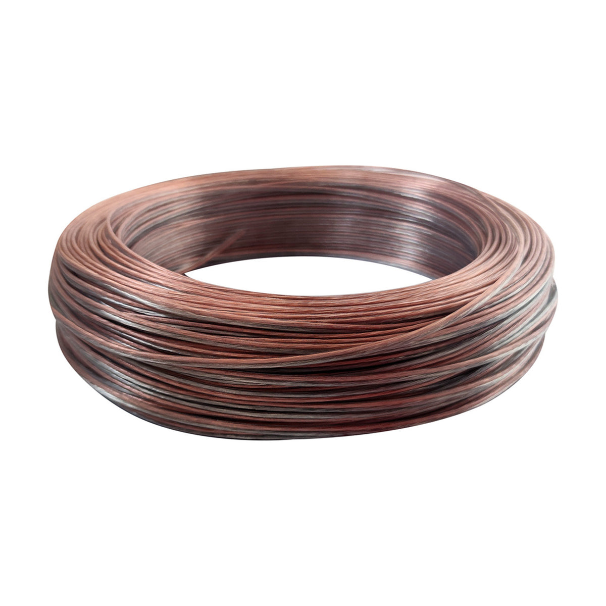 Coiled clear figure-8 flex cable with two 0.5mm copper conductors side by side for LED strip connections, shown against a plain white background.