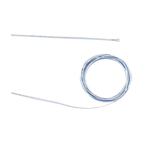 Cavo Cable 1m Long in White, a slim two-core figure-of-eight flex with stripped copper conductors at one end, shown coiled and laid out on a plain white background.