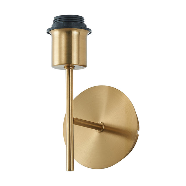 Carlton 1 Light E27 Wall Light in antique gold, with a round backplate, short upright stem and E27 lampholder, iron finish, shown on a plain white background.