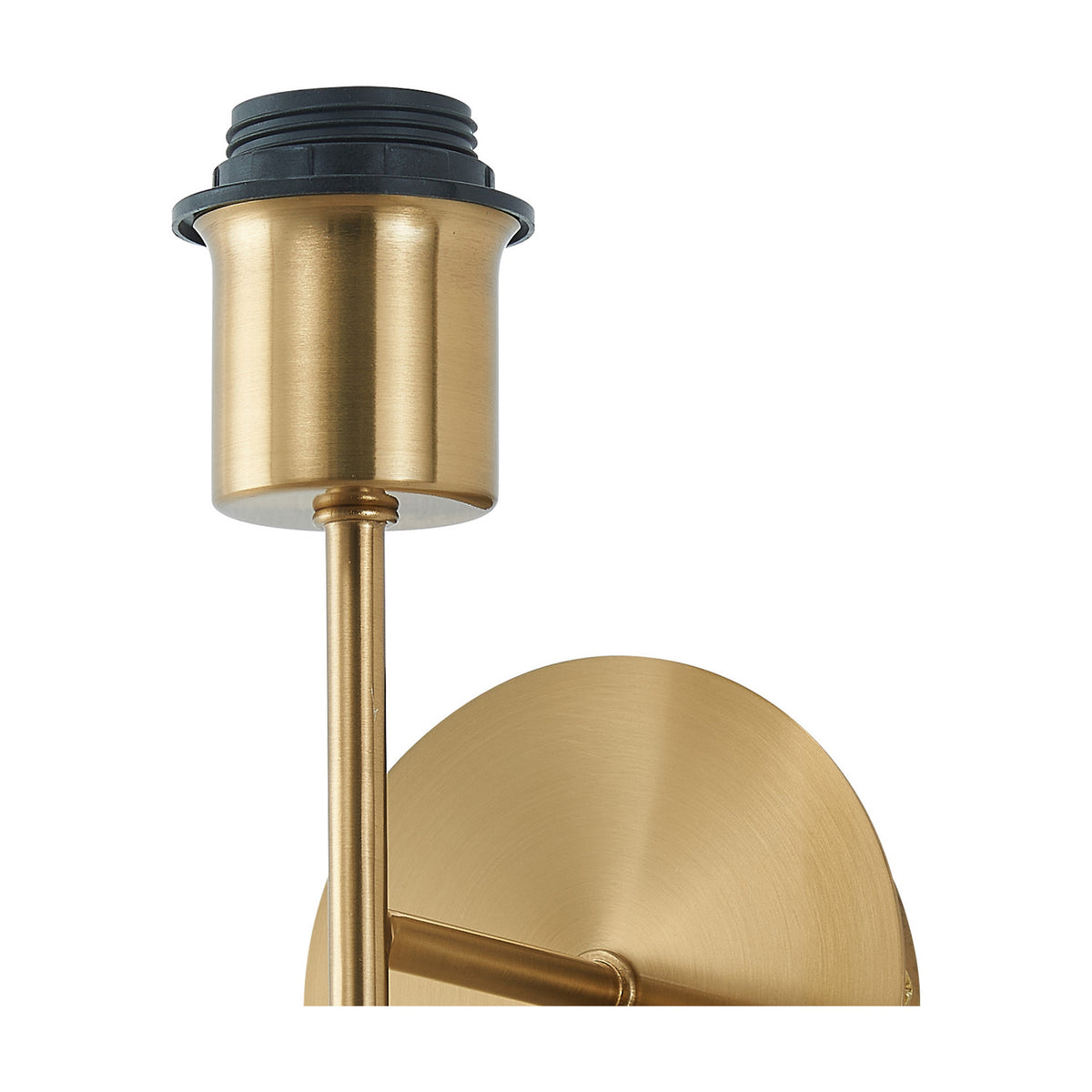 Carlton 1 Light E27 Wall Light in antique gold, close-up of the round backplate, short stem and lampholder with black trim, shown on a plain white background.