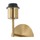 Carlton 1 Light E27 Wall Light in antique gold, close-up of the round backplate, short stem and lampholder with black trim, shown on a plain white background.
