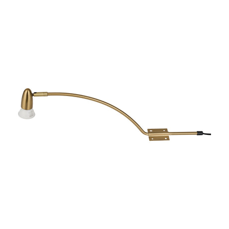 Lex Type A Cable 53.5cm long lighting accessory in brass, showing a curved arm with an adjustable spotlight head, mounting bracket, and trailing black cable on a white background.