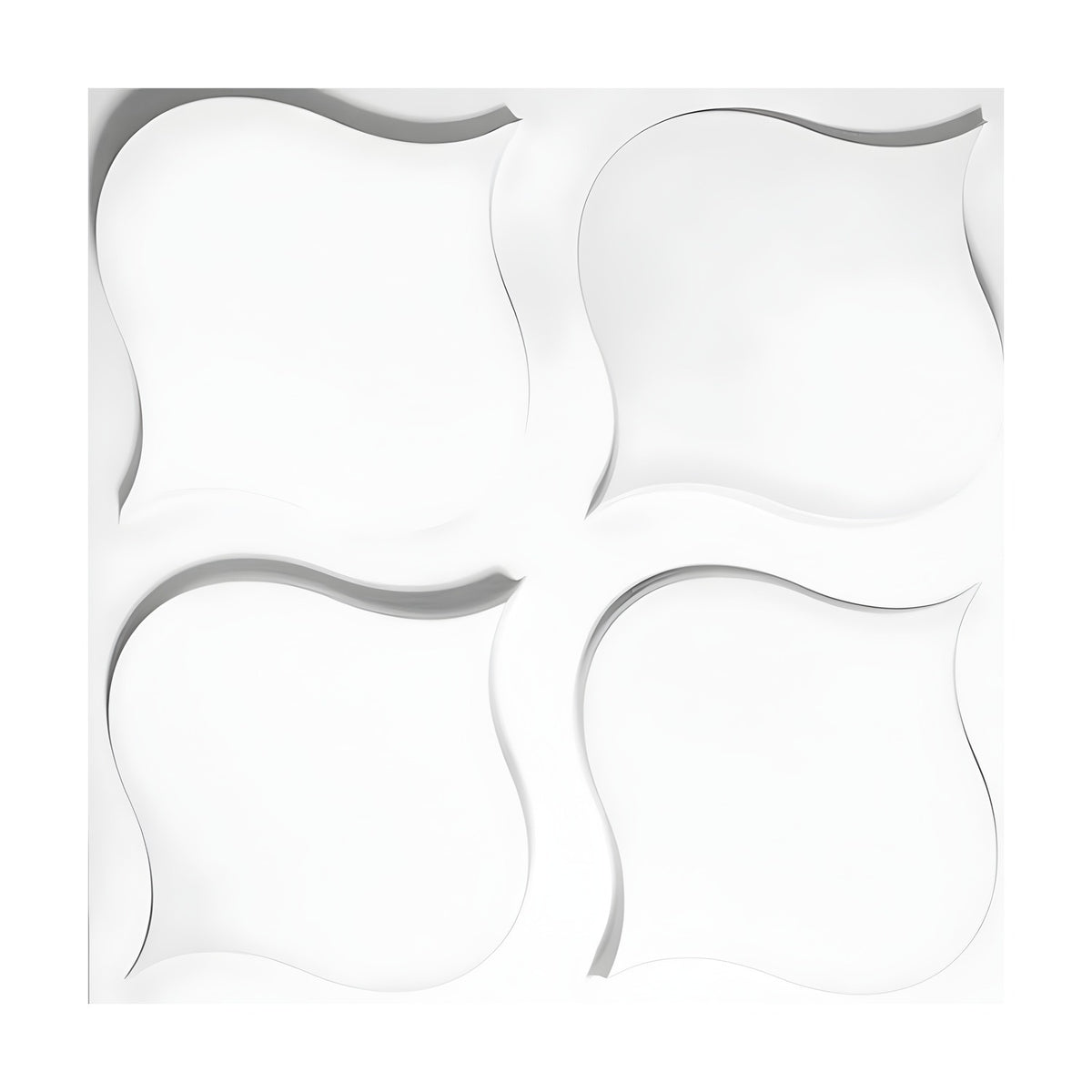White PVC 3D wall panel, 50 x 50cm, with four wavy-sided squares in a two-by-two grid and pointed corners, shown against a plain white background.