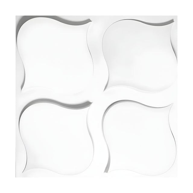 White PVC 3D wall panel, 50 x 50cm, with four wavy-sided squares in a two-by-two grid and pointed corners, shown against a plain white background.