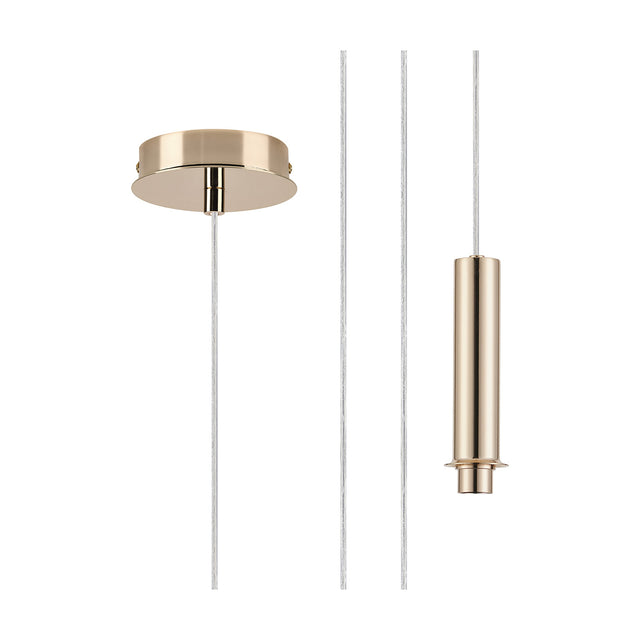 Wick Single G9 Pendant Light in French gold, showing round ceiling canopy, slim cylindrical fitting, and cable lengths laid out on a plain white background.