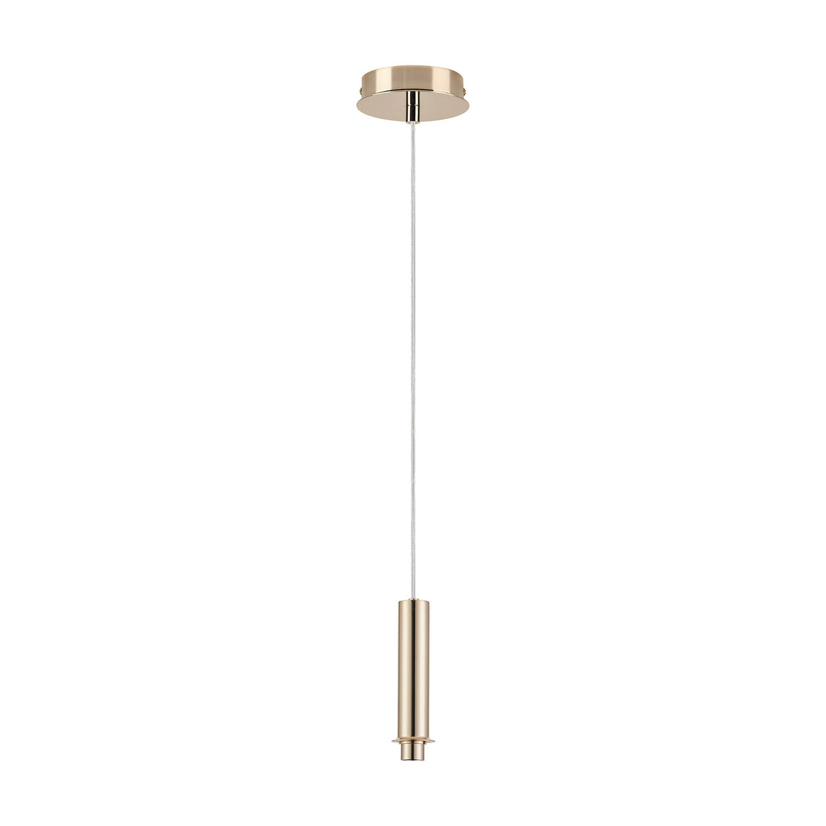 Wick Single G9 Pendant Light in French gold finish, slim cylindrical body on a long cord from a round ceiling rose, shown on a plain white background.
