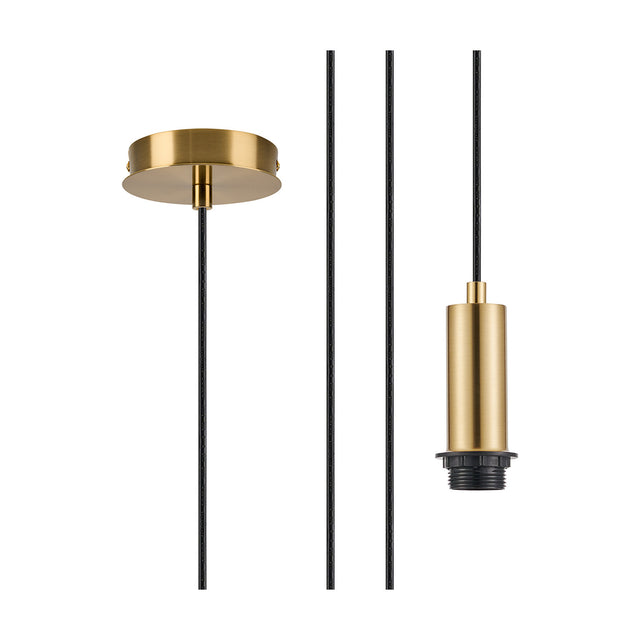 Wick Single E27 Pendant Light in brass gold, showing the round ceiling canopy, black flex cable, and cylindrical E27 lampholder with threaded shade ring on a plain white background.