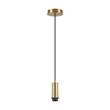 Wick Single E27 Pendant Light in brass gold, showing the round ceiling rose, black flex cable, and cylindrical lampholder base on a plain white background.