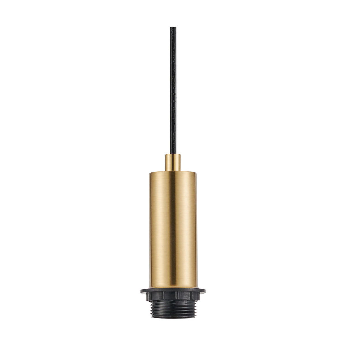 Wick Single E27 Pendant Light in brass gold, 11cm cylindrical iron body with black flex cord, shown on a plain white background.