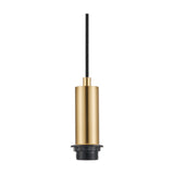 Wick Single E27 Pendant Light in brass gold, 11cm cylindrical iron body with black flex cord, shown on a plain white background.