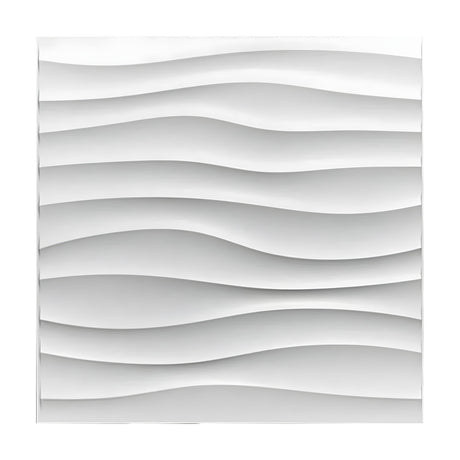 White square 3D PVC wall panel, 50 x 50cm, featuring layered horizontal dune-like wave bands in a 10mm relief, shown against a plain background.