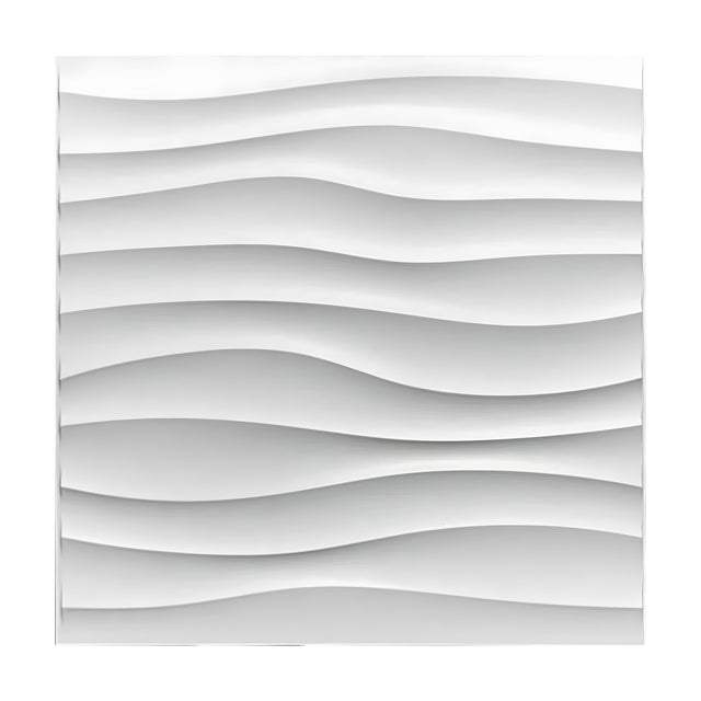 White square 3D PVC wall panel, 50 x 50cm, featuring layered horizontal dune-like wave bands in a 10mm relief, shown against a plain background.