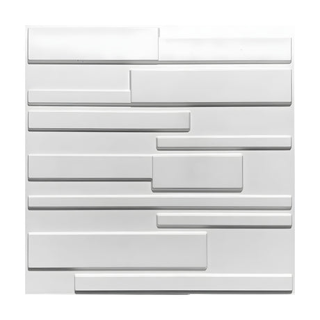 White PVC 3D wall panel, 50 x 50cm, with staggered brick-strip design in nine horizontal rows of varying block lengths, shown on a plain white background.