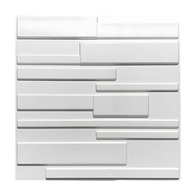 White PVC 3D wall panel, 50 x 50cm, with staggered brick-strip design in nine horizontal rows of varying block lengths, shown on a plain white background.