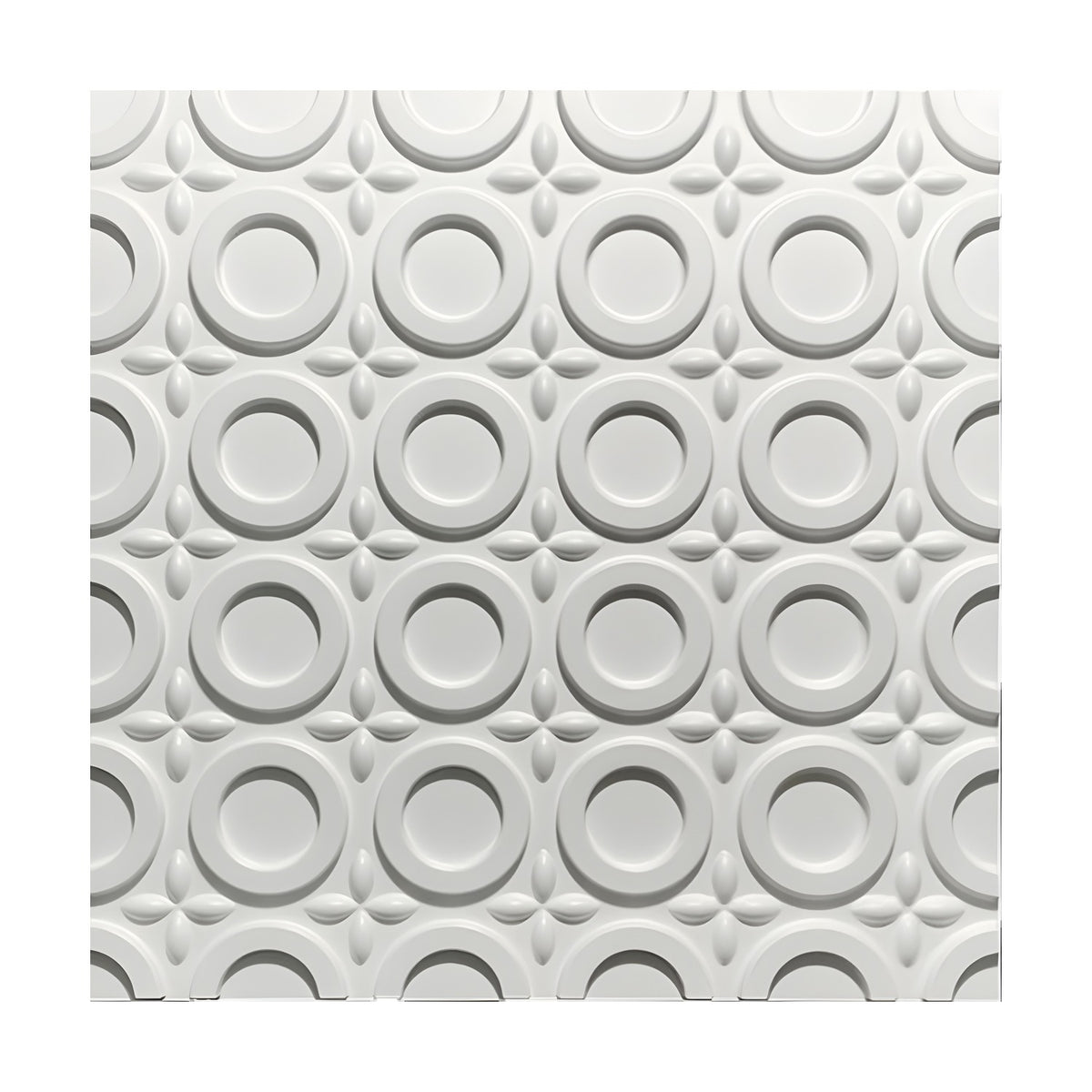 White 3D PVC wall panel, 50 x 50cm, with raised flat-topped rings and sunken centres in a grid, separated by small four-petal almond motifs.