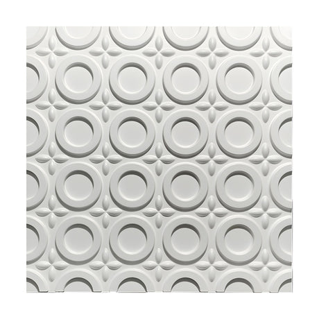 White 3D PVC wall panel, 50 x 50cm, with raised flat-topped rings and sunken centres in a grid, separated by small four-petal almond motifs.