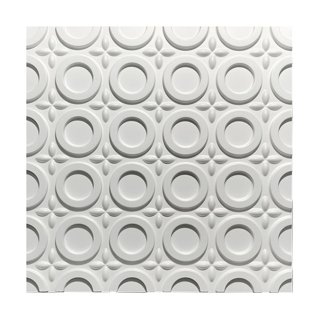 White 3D PVC wall panel, 50 x 50cm, with raised flat-topped rings and sunken centres in a grid, separated by small four-petal almond motifs.