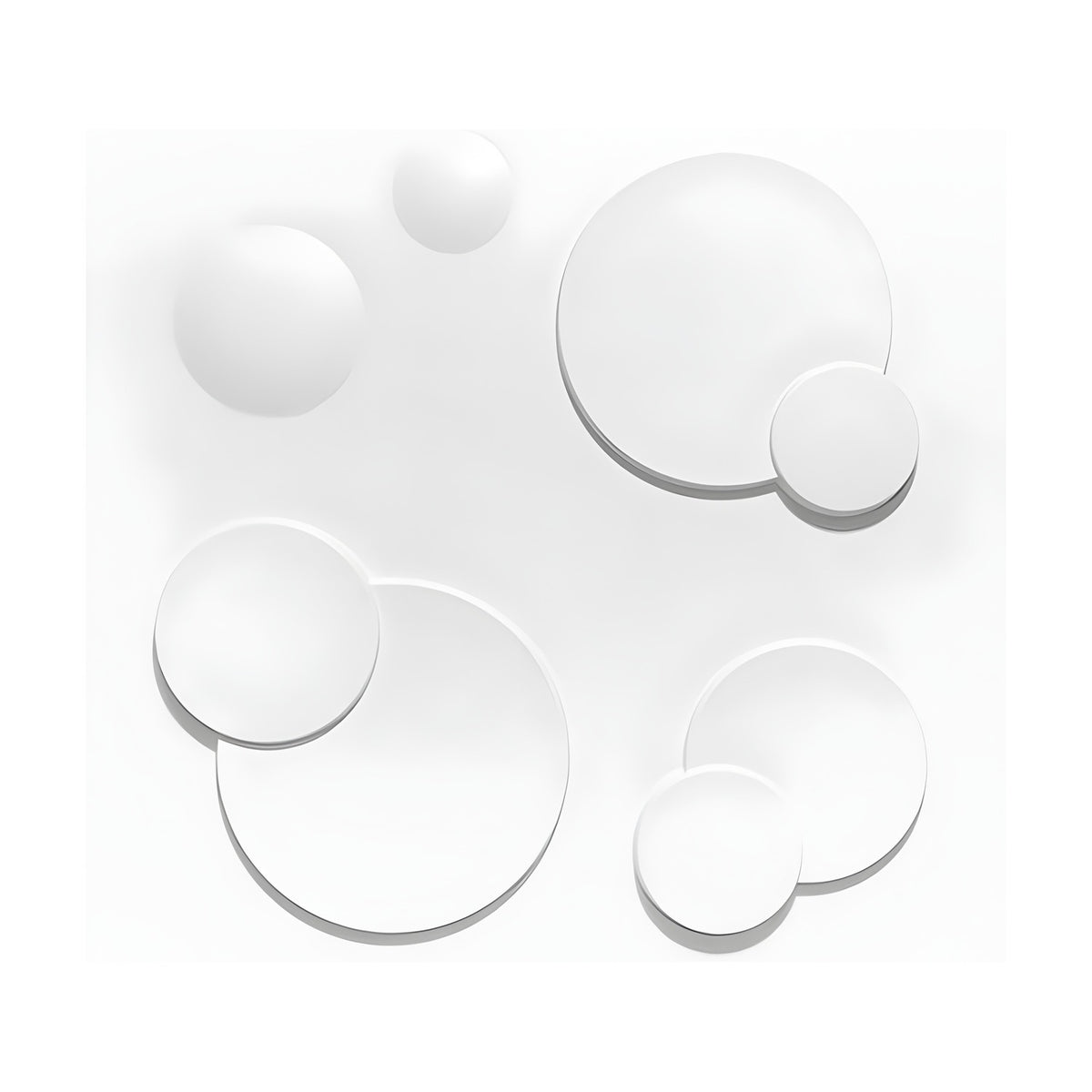 White 3D PVC wall panel, 50 x 50cm, featuring overlapping flat discs in layered pairs and two rounded domes, 15mm relief, set on a plain white background.