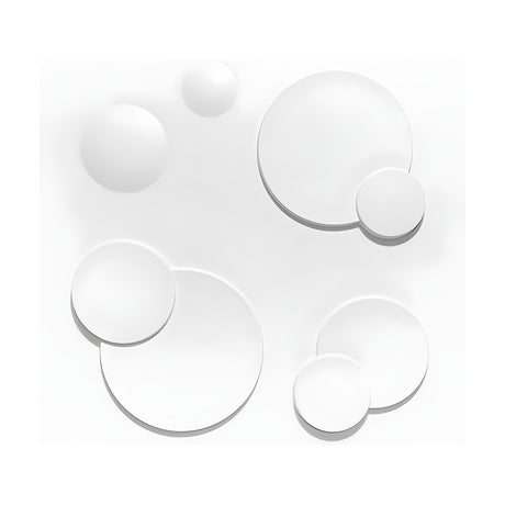 White 3D PVC wall panel, 50 x 50cm, featuring overlapping flat discs in layered pairs and two rounded domes, 15mm relief, set on a plain white background.