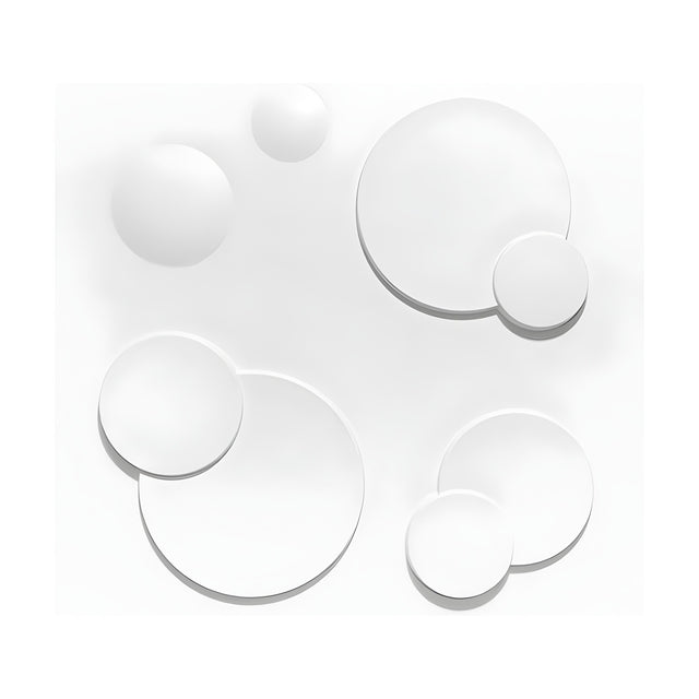 White 3D PVC wall panel, 50 x 50cm, featuring overlapping flat discs in layered pairs and two rounded domes, 15mm relief, set on a plain white background.