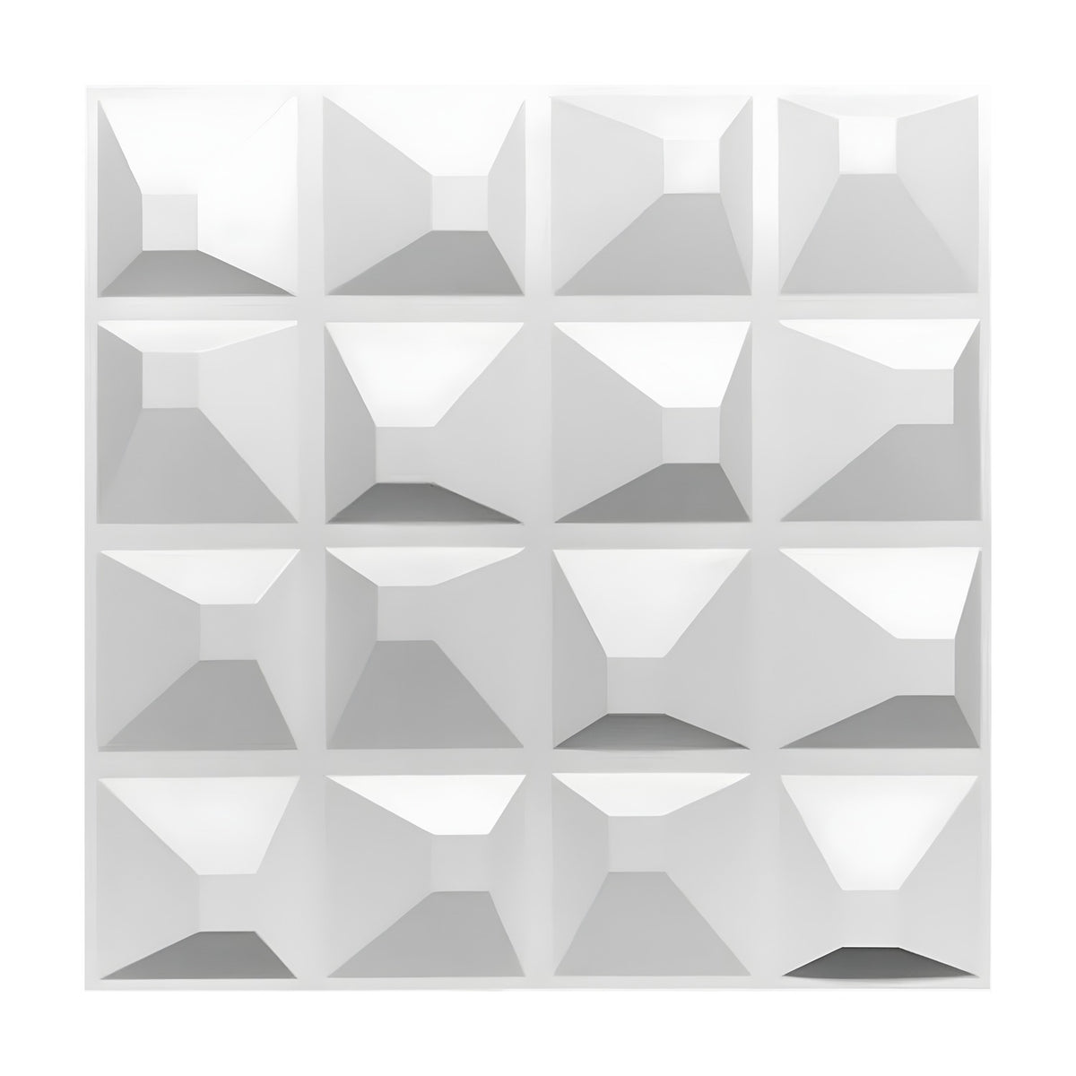 White PVC 3D wall panel with a 4x4 grid of off-centre flat-topped square pyramids, geometric pattern, 50 x 50cm, shown on a plain background.