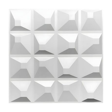 White PVC 3D wall panel with a 4x4 grid of off-centre flat-topped square pyramids, geometric pattern, 50 x 50cm, shown on a plain background.