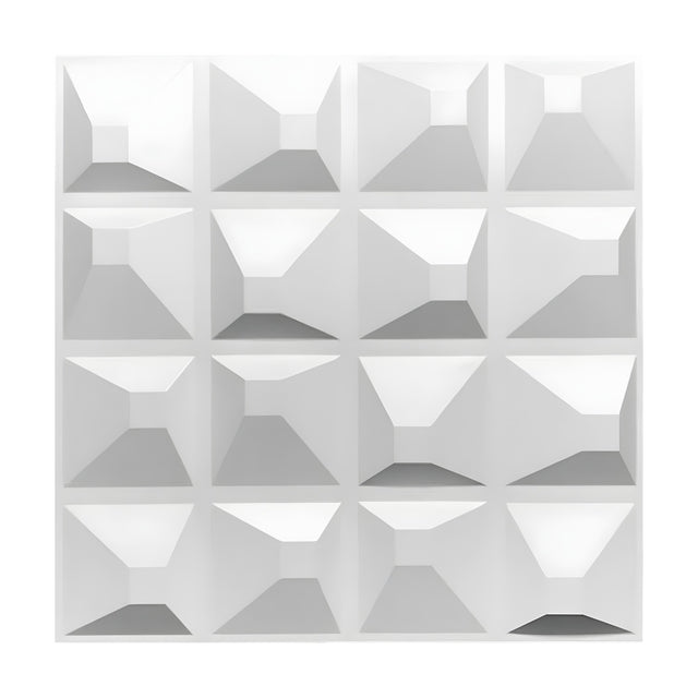 White PVC 3D wall panel with a 4x4 grid of off-centre flat-topped square pyramids, geometric pattern, 50 x 50cm, shown on a plain background.