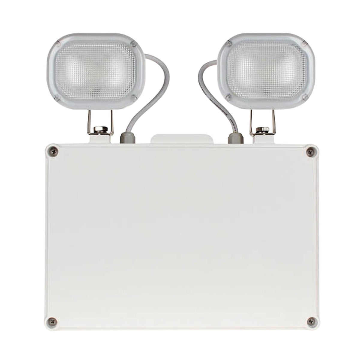 ESP Duceri emergency twin spot light in white with two adjustable LED heads on a rectangular polycarbonate housing, shown on a plain background.