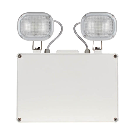 ESP Duceri emergency twin spot light in white with two adjustable LED heads on a rectangular polycarbonate housing, shown on a plain background.