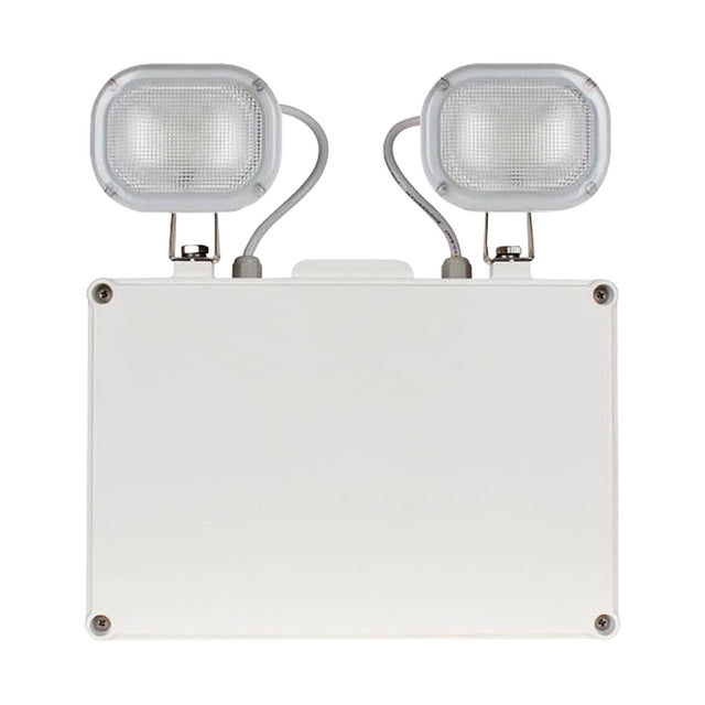 ESP Duceri Emergency Twin Spot 9W LED IP65 fitting in white with two adjustable heads on a rectangular housing, shown on a plain background.