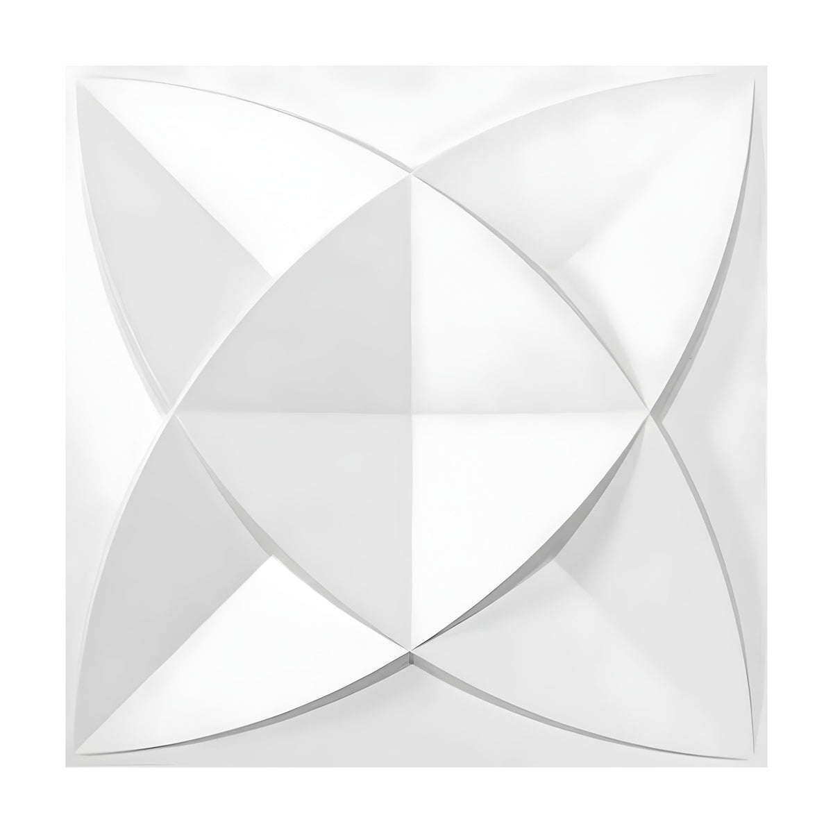 White PVC 3D wall panel, 50 x 50cm, with a curved four-pointed star design formed by overlapping pointed ovals meeting at a central diamond, shown on a plain white background.