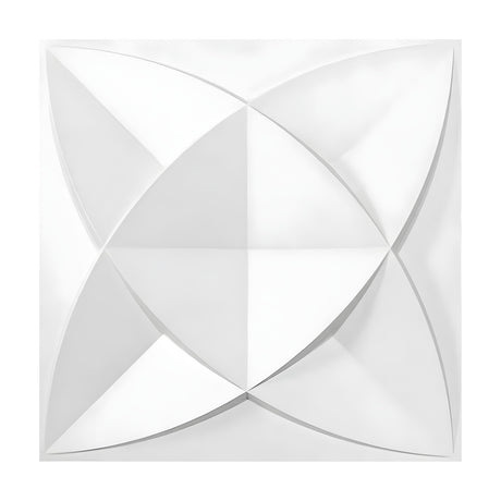 White PVC 3D wall panel, 50 x 50cm, with a curved four-pointed star design formed by overlapping pointed ovals meeting at a central diamond, shown on a plain white background.