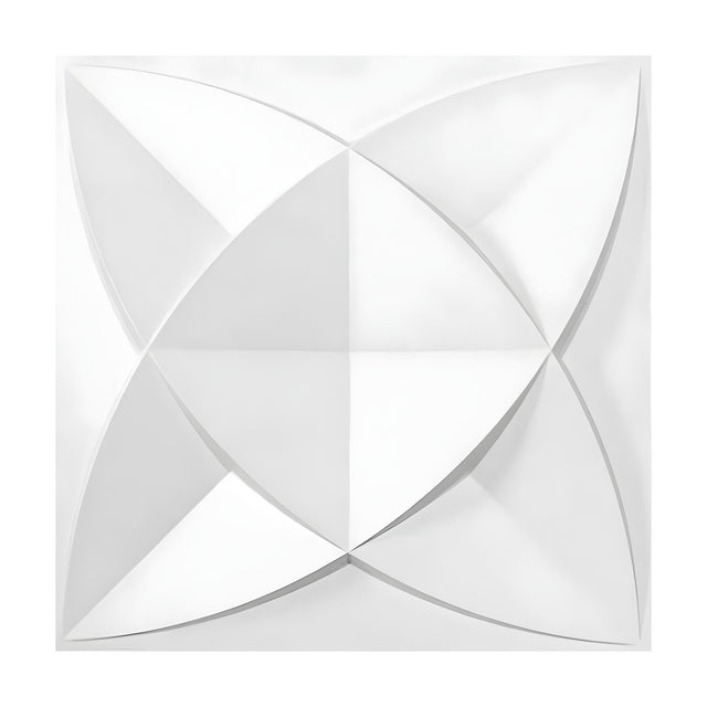White PVC 3D wall panel, 50 x 50cm, with a curved four-pointed star design formed by overlapping pointed ovals meeting at a central diamond, shown on a plain white background.