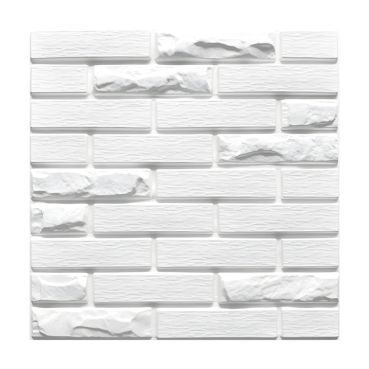 White PVC 3D wall panel, 50 x 50cm, mixed texture brick design in running bond with smooth and rough split-face bricks, shown on a plain background.