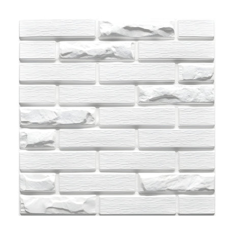 White PVC 3D wall panel, 50 x 50cm, mixed texture brick design in running bond with smooth and rough split-face bricks, shown on a plain background.
