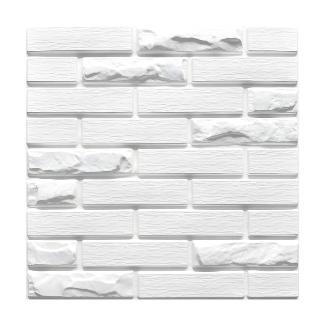White PVC 3D wall panel, 50 x 50cm, mixed texture brick design in running bond with smooth and rough split-face bricks, shown on a plain background.