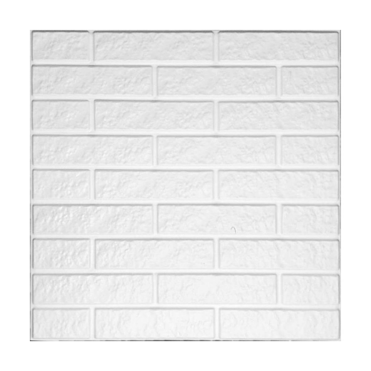 White 3D PVC wall panel, 50 x 50cm, in a fine-textured slim brick design with running bond courses and recessed joints, shown on a plain background.
