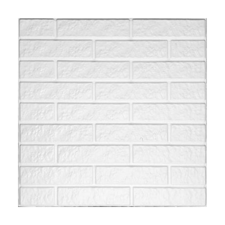 White 3D PVC wall panel, 50 x 50cm, in a fine-textured slim brick design with running bond courses and recessed joints, shown on a plain background.