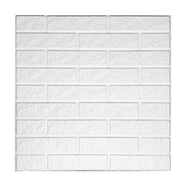 White 3D PVC wall panel, 50 x 50cm, in a fine-textured slim brick design with running bond courses and recessed joints, shown on a plain background.