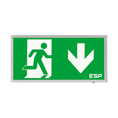 ESP Duceri 3W LED emergency exit box with chrome frame, green down legend showing running figure and downward arrow, on a white background.