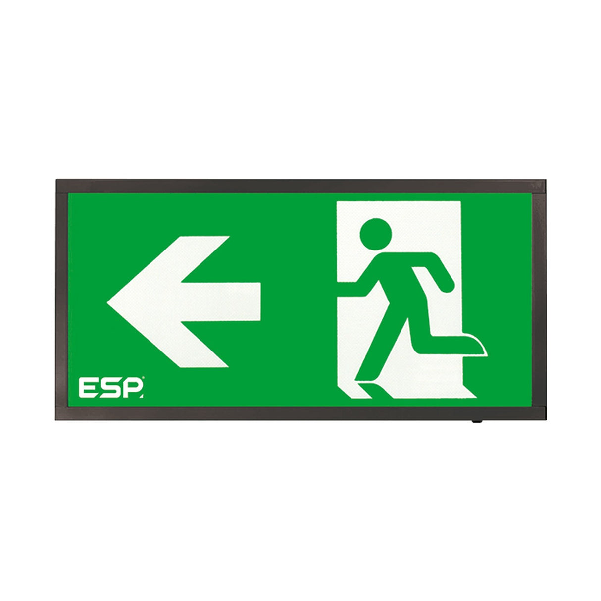 ESP Duceri surface-mounted emergency exit box with 3W LED green left-arrow legend and running figure in a black frame on a white background.