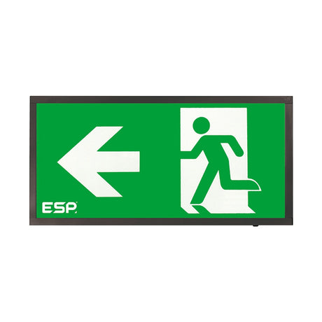ESP Duceri surface-mounted emergency exit box with 3W LED green left-arrow legend and running figure in a black frame on a white background.