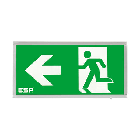 ESP Duceri emergency surface exit box in chrome with green LED left-arrow legend and running figure, on a plain white background.