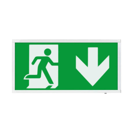 ESP Duceri emergency surface exit box with green running man and down arrow legend in a white steel frame, 3W LED, IP20 rated.