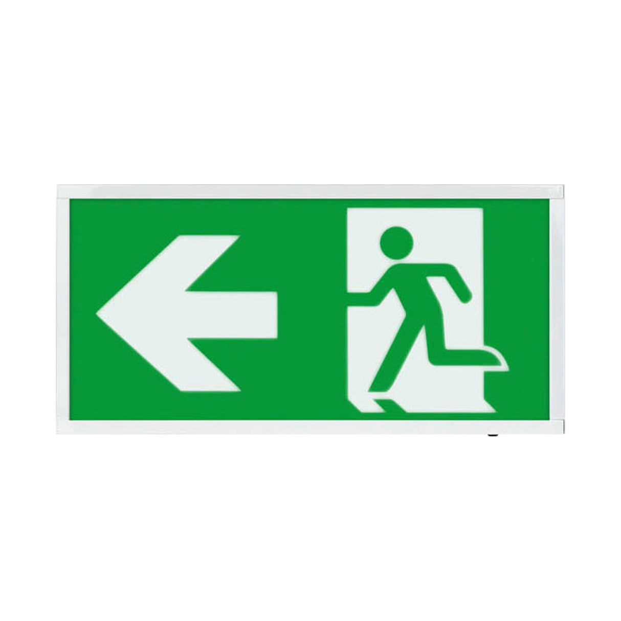 ESP Duceri Emergency Surface Exit Box with left arrow and running figure legend on a green panel in a white steel frame, 3W LED IP20.